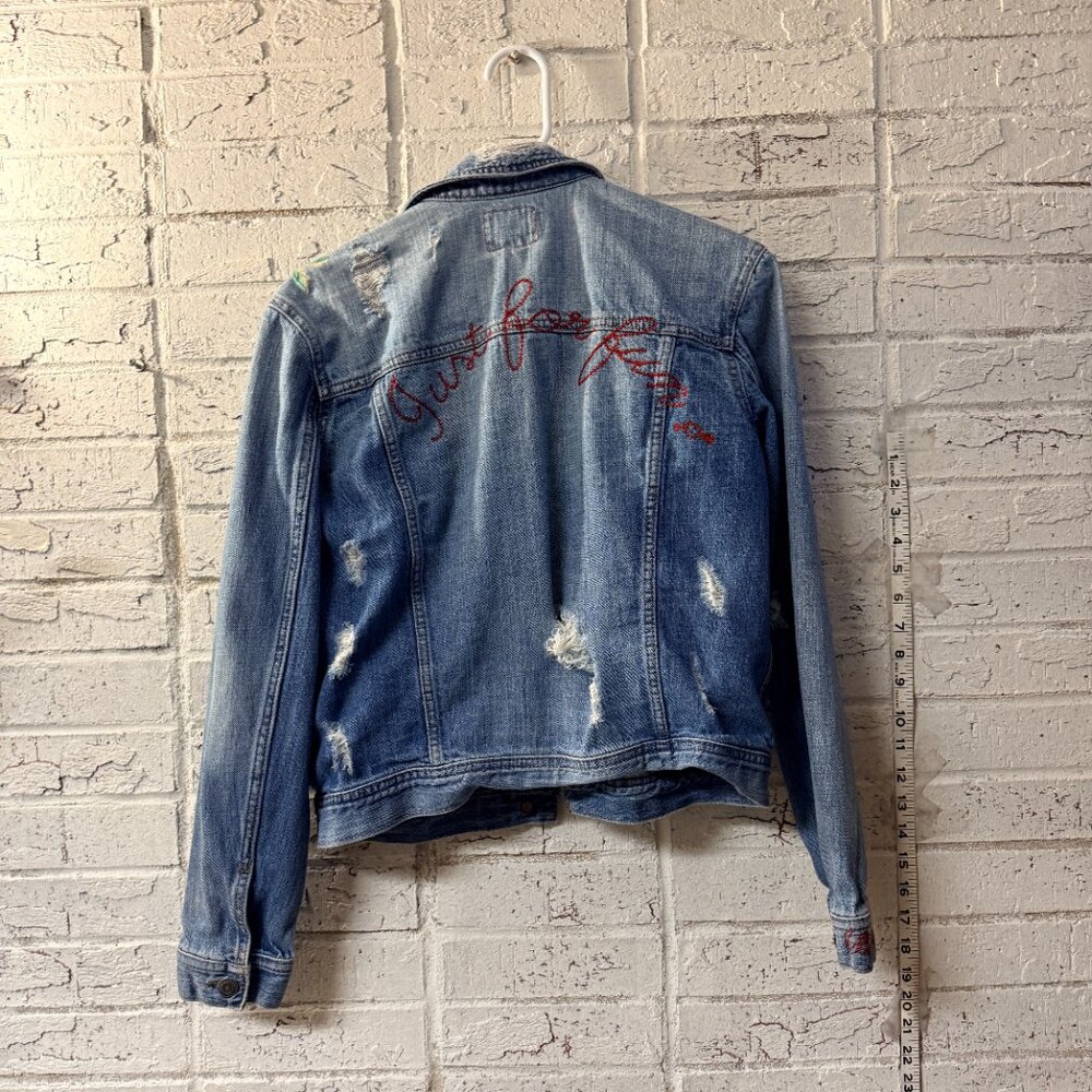 American Eagle Embroidered Denim Jacket Distressed Floral Jean Jacket - Picture 8 of 12